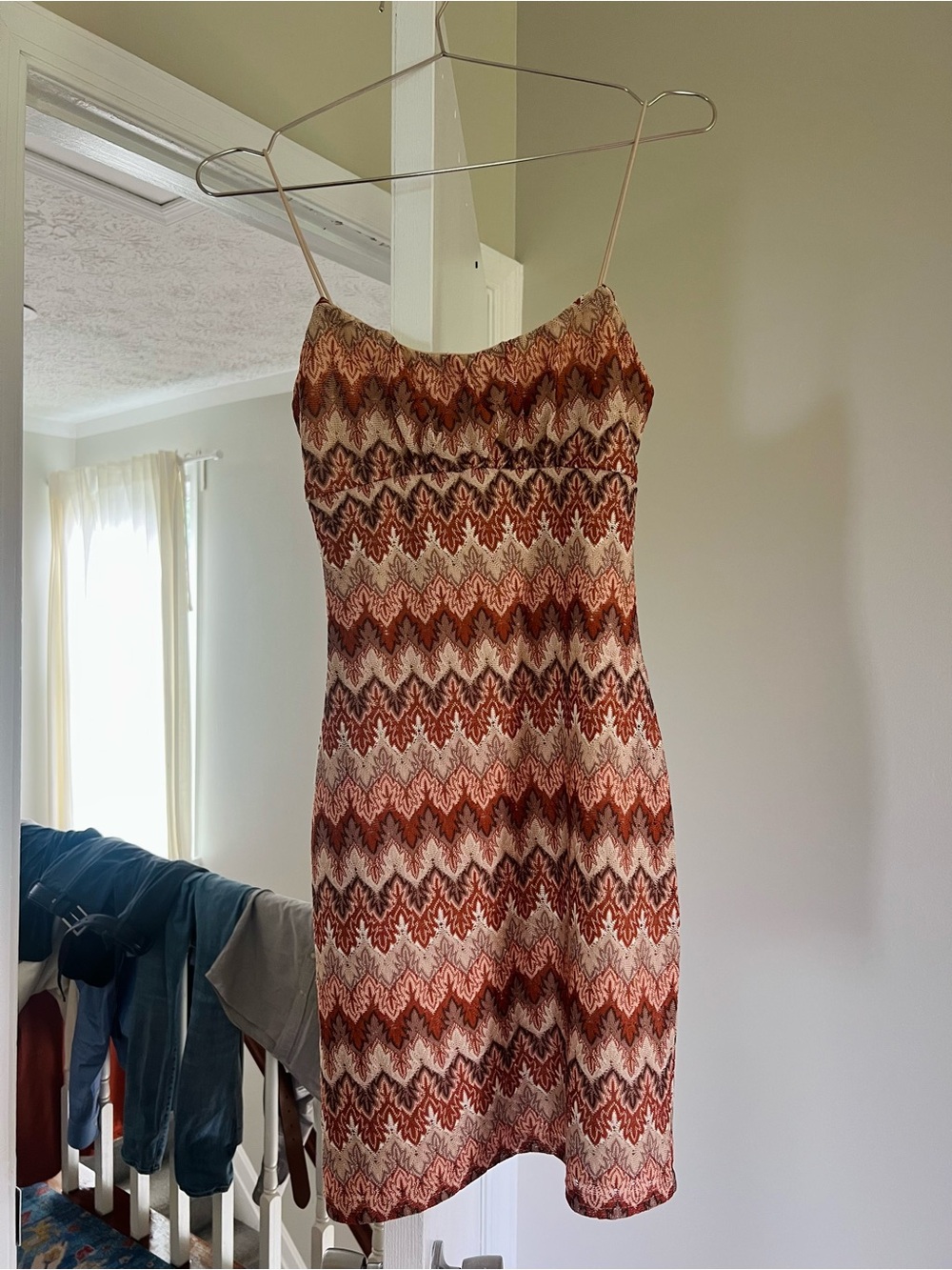 Rust & Cream Chevron Slip Mini Dress with Spaghetti Straps